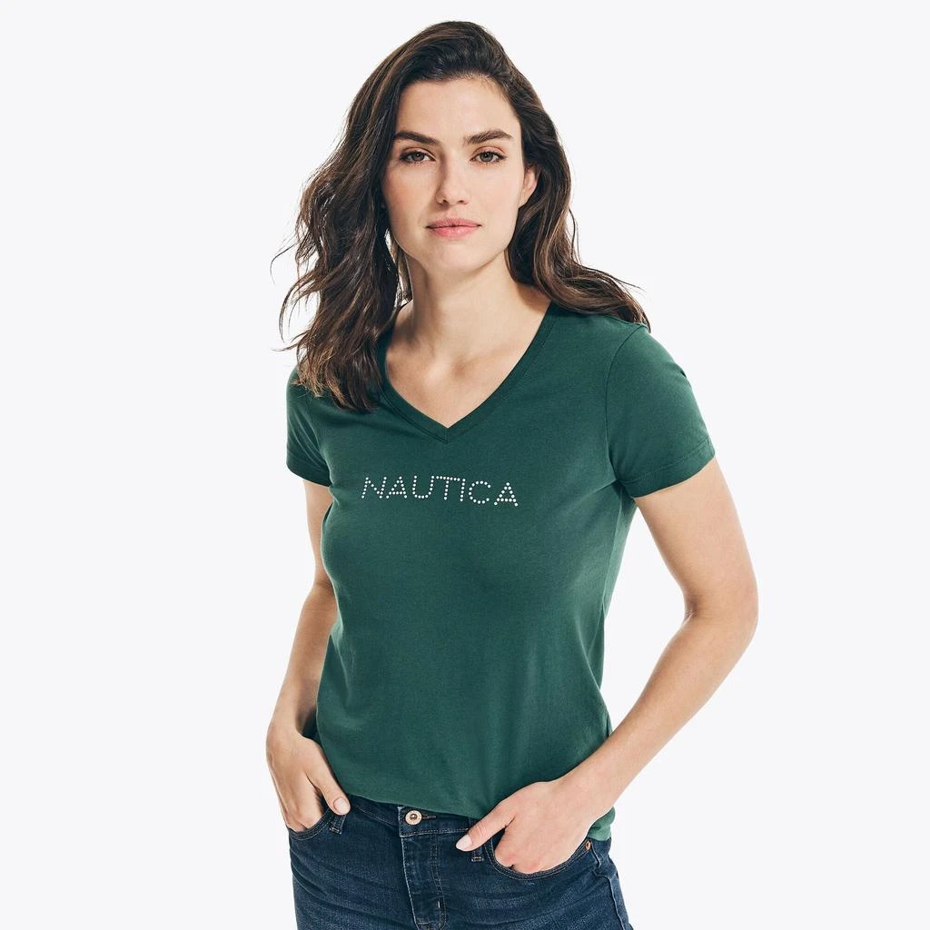 商品Nautica|Womens Studded Logo V-Neck T-Shirt,价格¥239,第2张图片详细描述