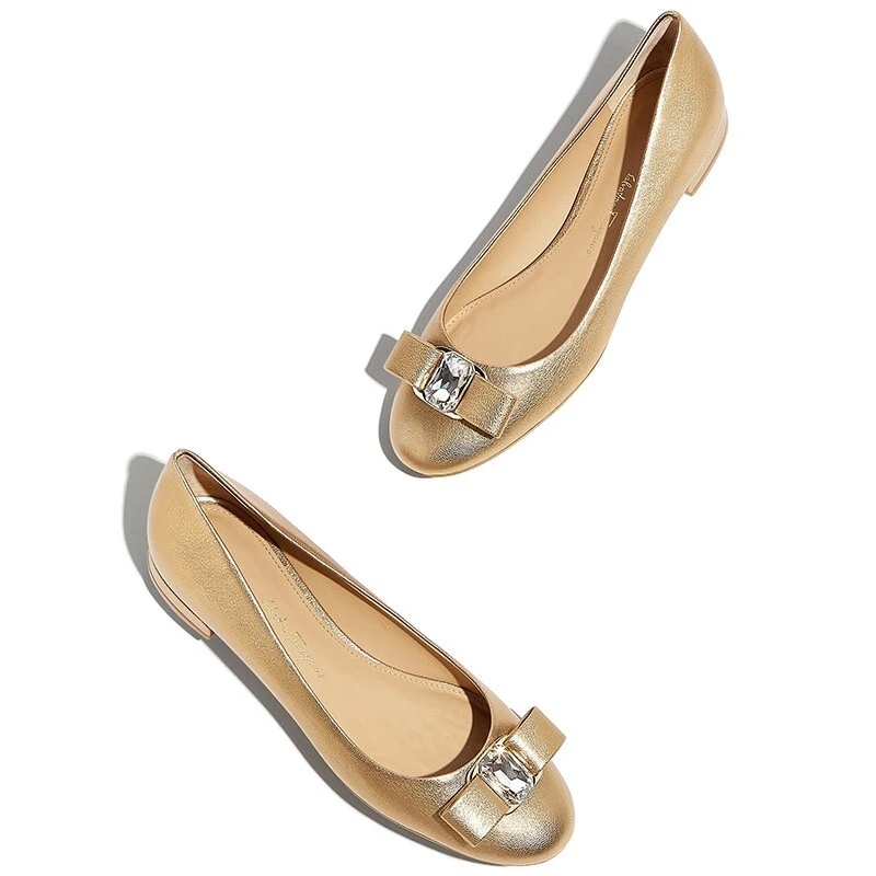 SALVATORE FERRAGAMO 女士金色牛皮蝴蝶结嵌钻平底鞋 0695356 商品
