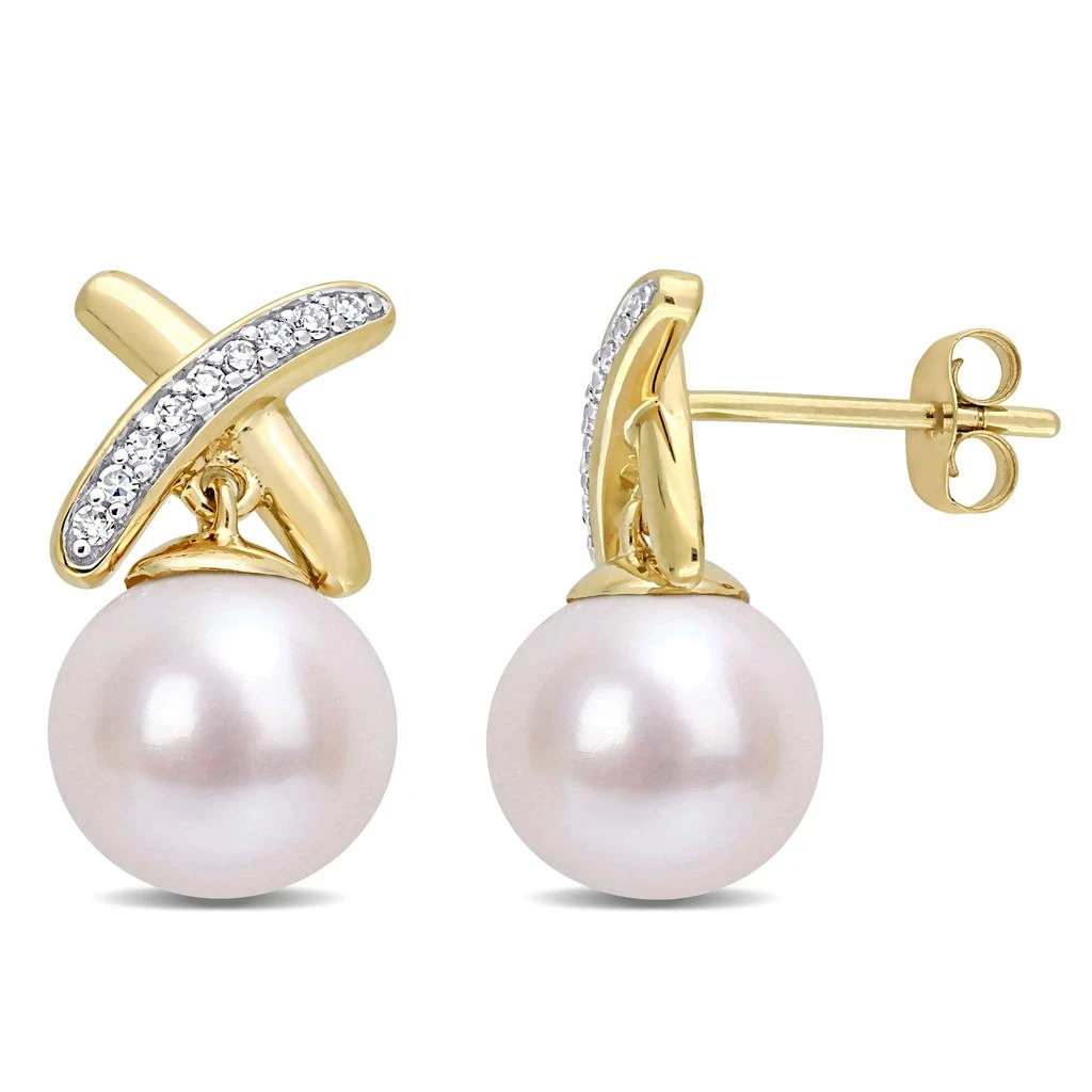 商品Mimi & Max|8.5-9 MM Cultured Freshwater Pearl and 1/6 CT TW Diamond 'X' Drop Earrings in 14k Yellow Gold,价格¥2624,第1张图片