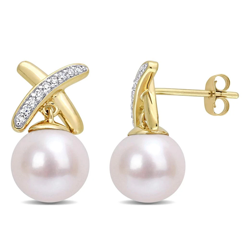 商品Mimi & Max|8.5-9 MM Cultured Freshwater Pearl and 1/6 CT TW Diamond 'X' Drop Earrings in 14k Yellow Gold,价格¥2795,第1张图片