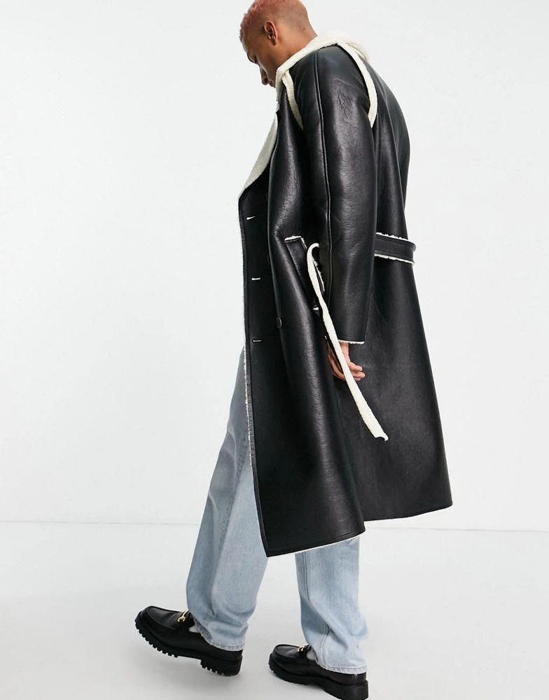 商品ASOS|ASOS DESIGN faux leather trench coat in black with ecru borg lining,价格¥421,第4张图片详细描述