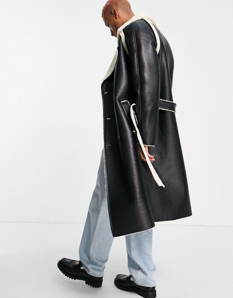 商品ASOS|ASOS DESIGN faux leather trench coat in black with ecru borg lining,价格¥415,第6张图片详细描述