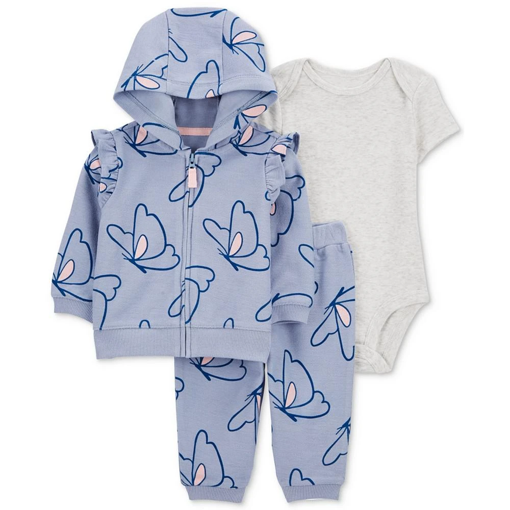 商品Carter's|Baby Girls Cotton Butterfly-Print Hooded Cardigan, Bodysuit and Pants, 3 Piece Set,价格¥77,第1张图片