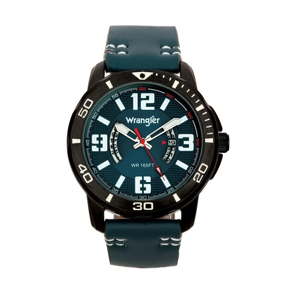 商品Wrangler|Men's Watch, 48MM IP Black Case with White Printed Arabic Numerals on Outer Black Bezel, Blue Dial with Dual Crescent Windows, Date Function, Blue Strap with White Accent Stitch Analog,价格¥452,第1张图片