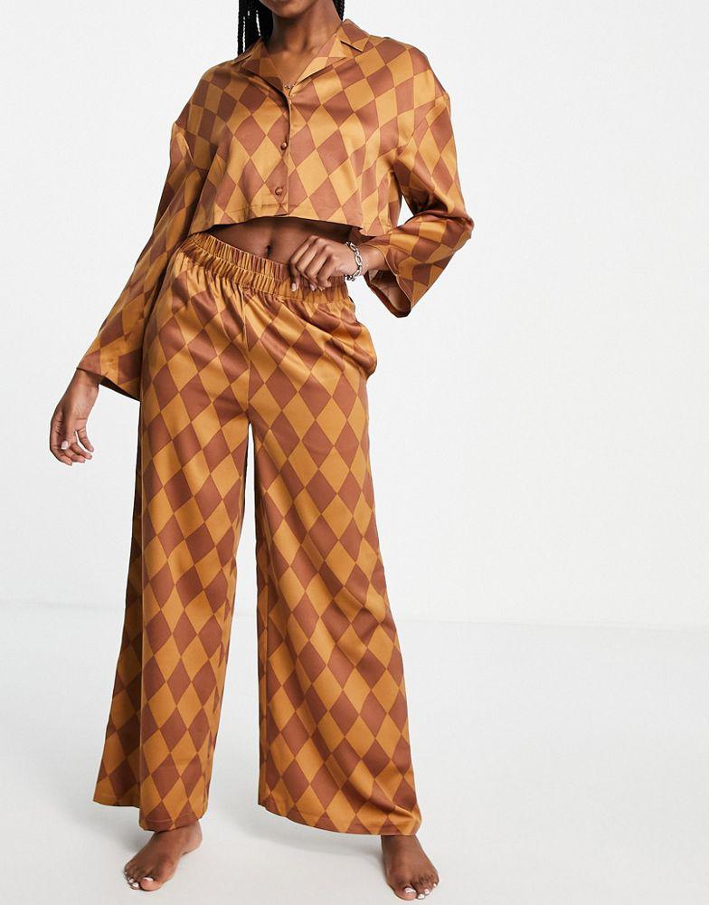 Topshop satin argyle print shirt & trouser pyjama set in multi商品第1张图片规格展示