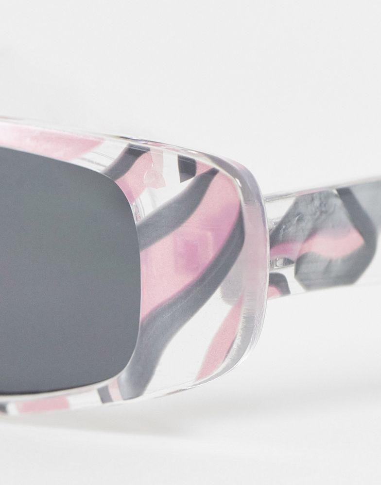 ASOS DESIGN slim rectangle sunglasses with smoke lens in pink marble effect - MULTI商品第4张图片规格展示