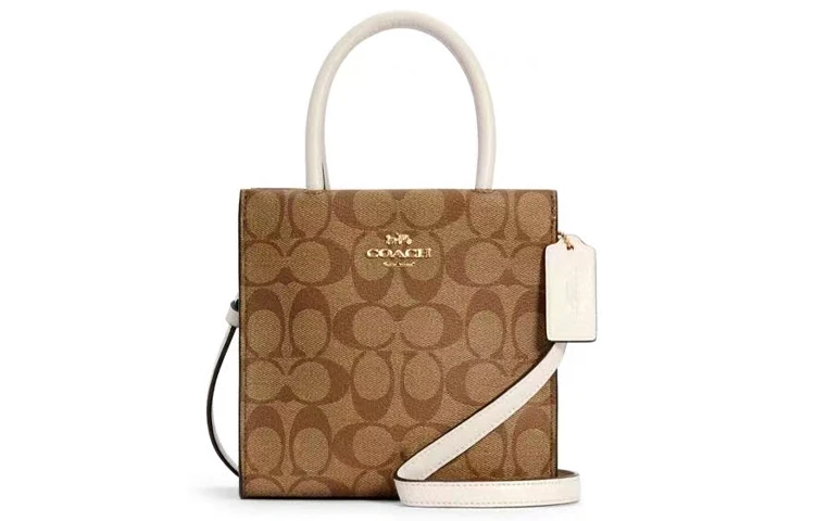 商品[国内直发] Coach|蔻驰 Cally 17 经典拼色老花 帆布配皮 纸袋包琴谱包托特包Tote包购物袋手提单肩斜挎包 迷你 女款 白色配棕色老花,价格¥1491,第1张图片