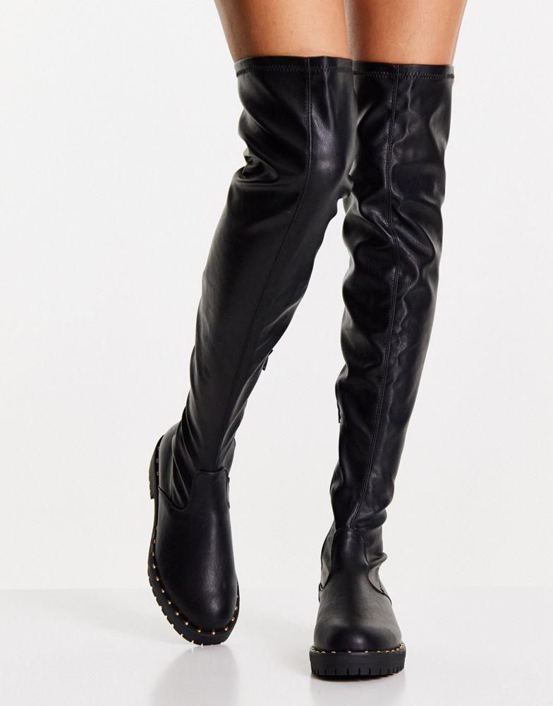 商品ASOS|ASOS DESIGN Kally flat over the knee boots in black,价格¥149,第1张图片