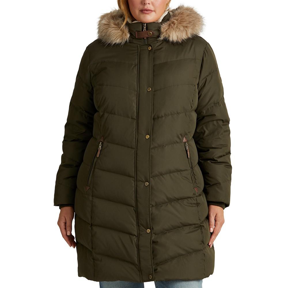 Women's Plus Size Faux-Fur-Trim Hooded Down Puffer Coat, Created for Macy's商品第1张图片规格展示