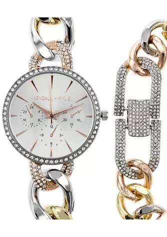 商品KENDALL & KYLIE|Large Open-Link Tri-Tone Metal Mock-Chronograph Analog Watch and Bracelet Set,价格¥713,第1张图片