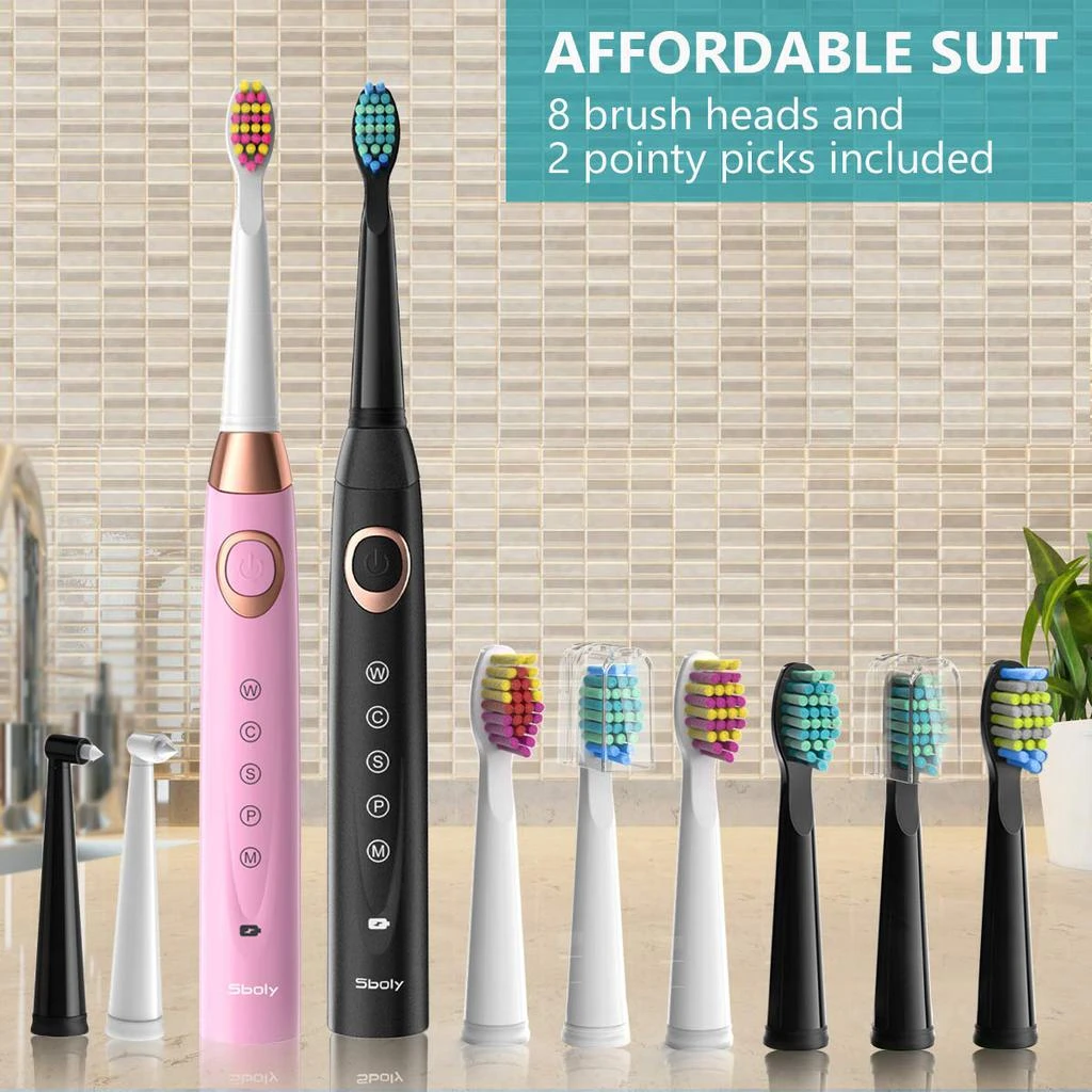 2 Sonic Electric Toothbrushes 5 Modes 8 Brush Heads USB Fast Charge Powered Toothbrush Last for 30 Days, Built-in Smart Timer Rechargeable Toothbrushes for Adults and Kids (1 Black and 1 Pink) SY-508 商品