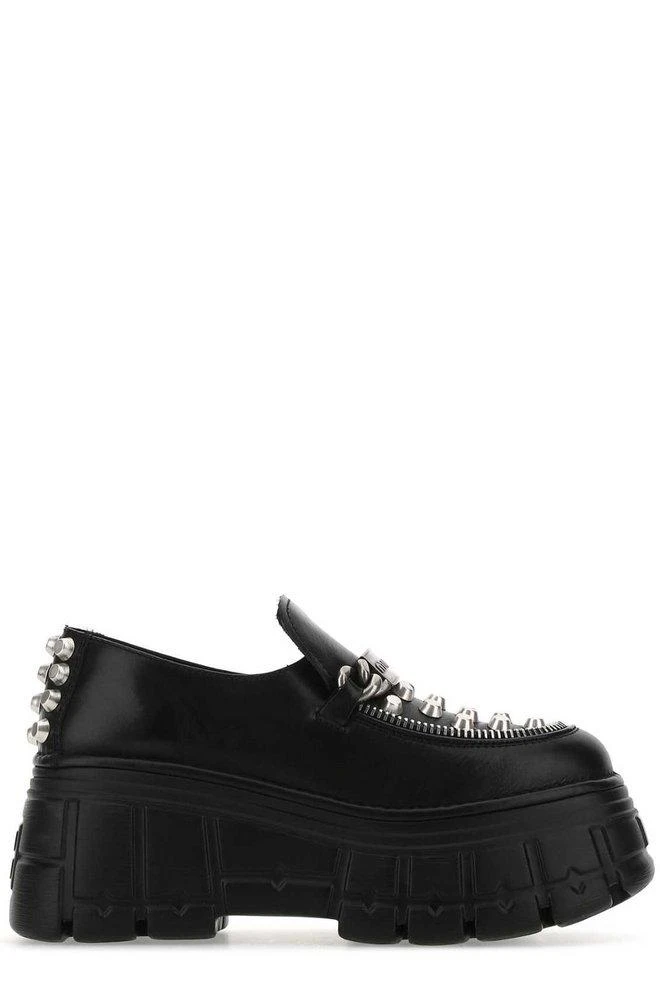 商品Miu Miu|Miu Miu Studded Logo Plaque Loafers,价格¥4458,第1张图片