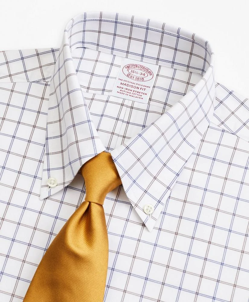 商品Brooks Brothers|Stretch Madison Relaxed-Fit Dress Shirt, Non-Iron Poplin Button-Down Collar Double-Grid Check,价格¥412,第2张图片详细描述