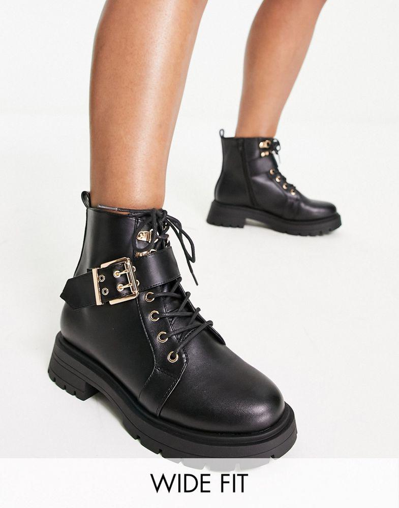 ASOS DESIGN Wide Fit April lace up hiker boots in black商品第1张图片规格展示