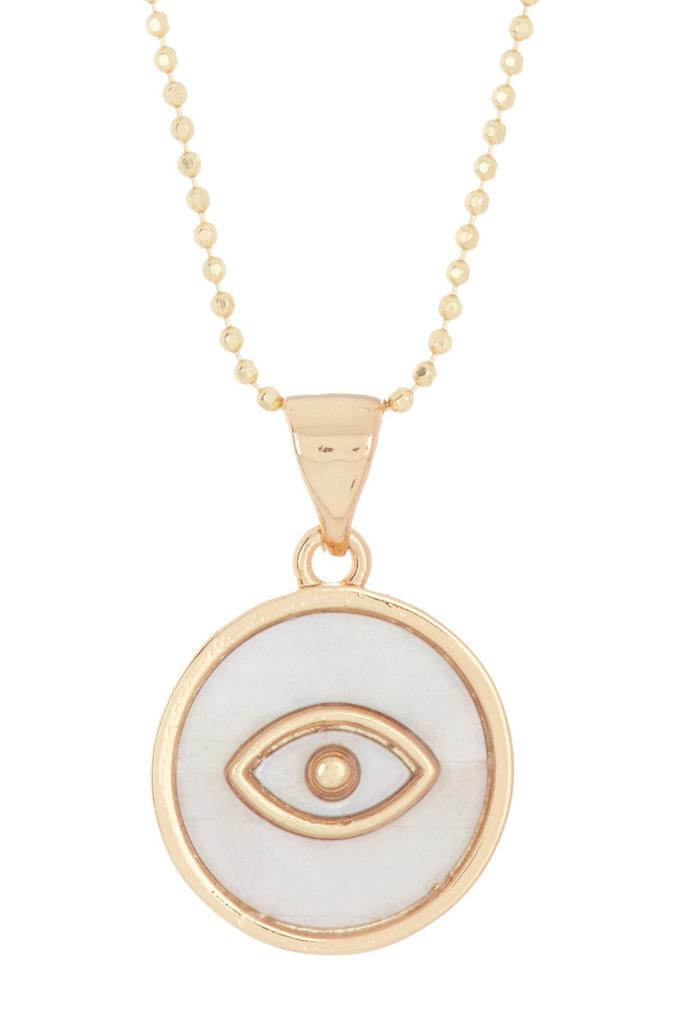 Adornia Evil Eye White Mother of Pear Disc Pendant Neckalce  14k gold plated .925 sterling silver商品第1张图片规格展示