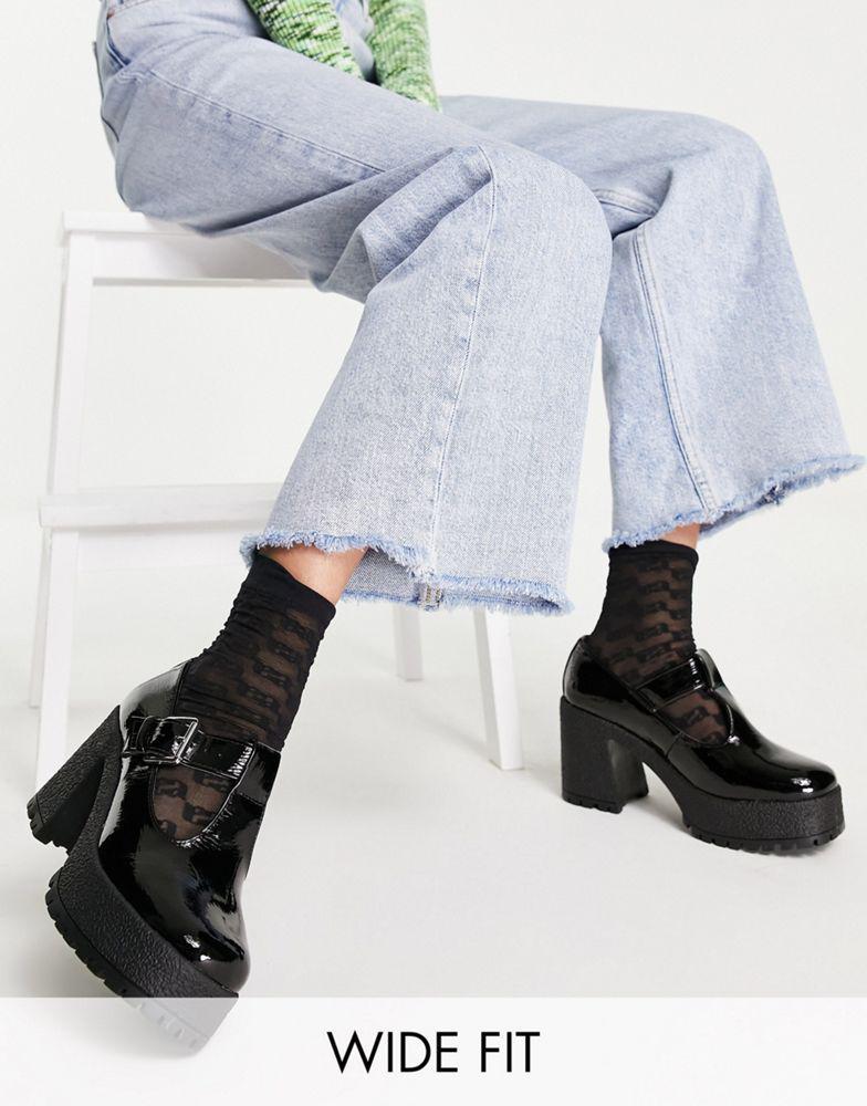 商品ASOS|ASOS DESIGN Wide Fit Spark chunky mary jane high shoes in black patent,价格¥267,第1张图片