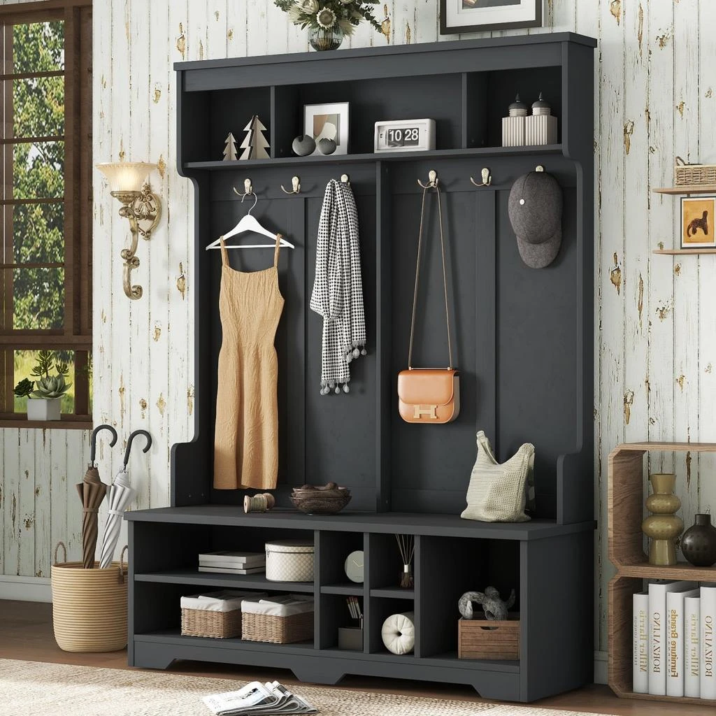 商品Streamdale Furniture|Streamdale Hall Tree Coat Rack Shoe Cubby Storage - Black,价格¥2898,第2张图片详细描述