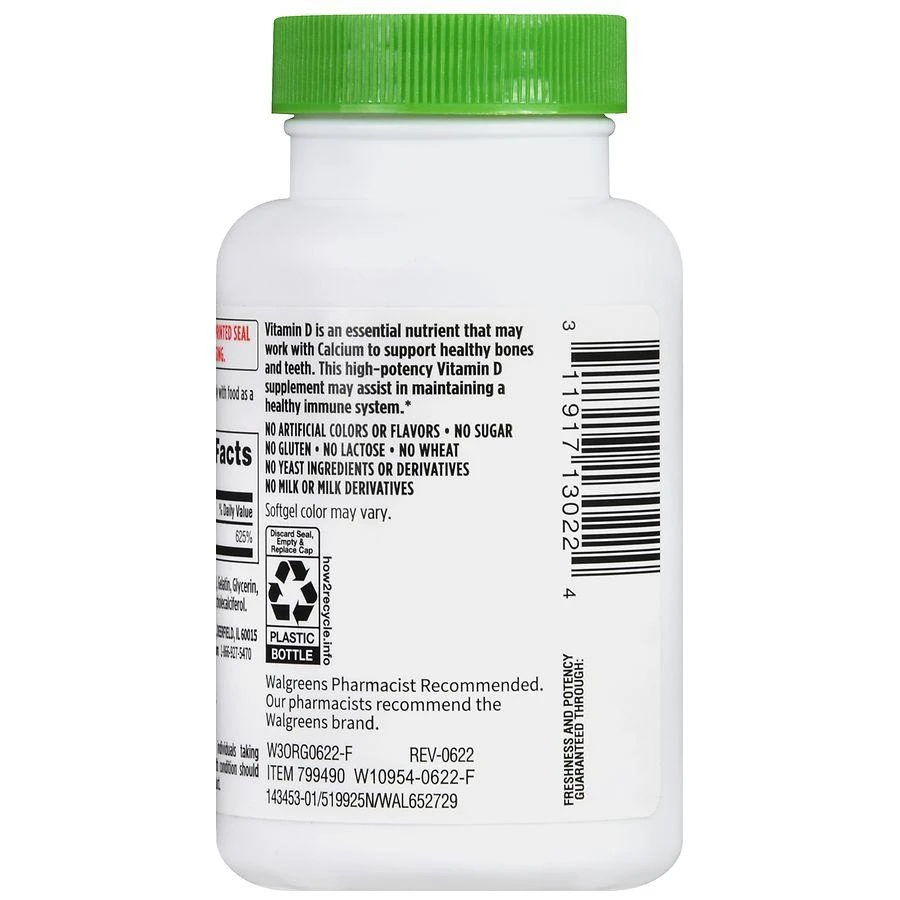 商品Walgreens|Vitamin D3 125 mcg (5000 IU) Softgels (300 days),价格¥252,第4张图片详细描述