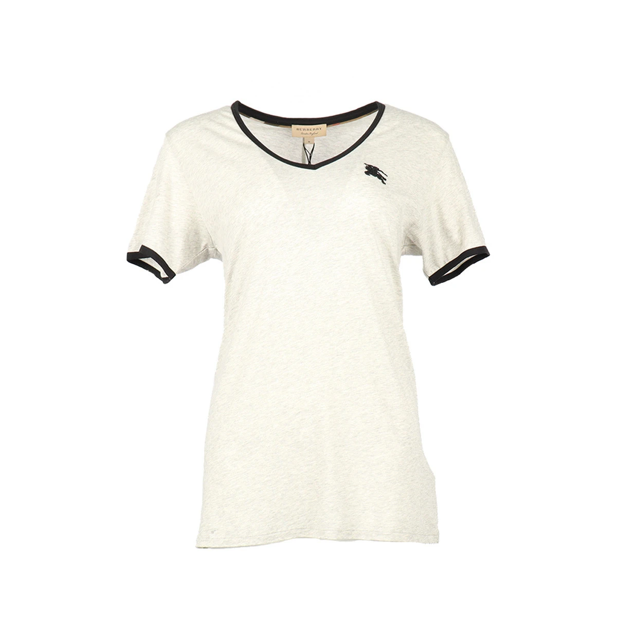 商品[国内直发] Burberry|BURBERRY 女士灰色棉质饰有徽标刺绣小V领短袖T恤 8035601,价格¥812,第1张图片