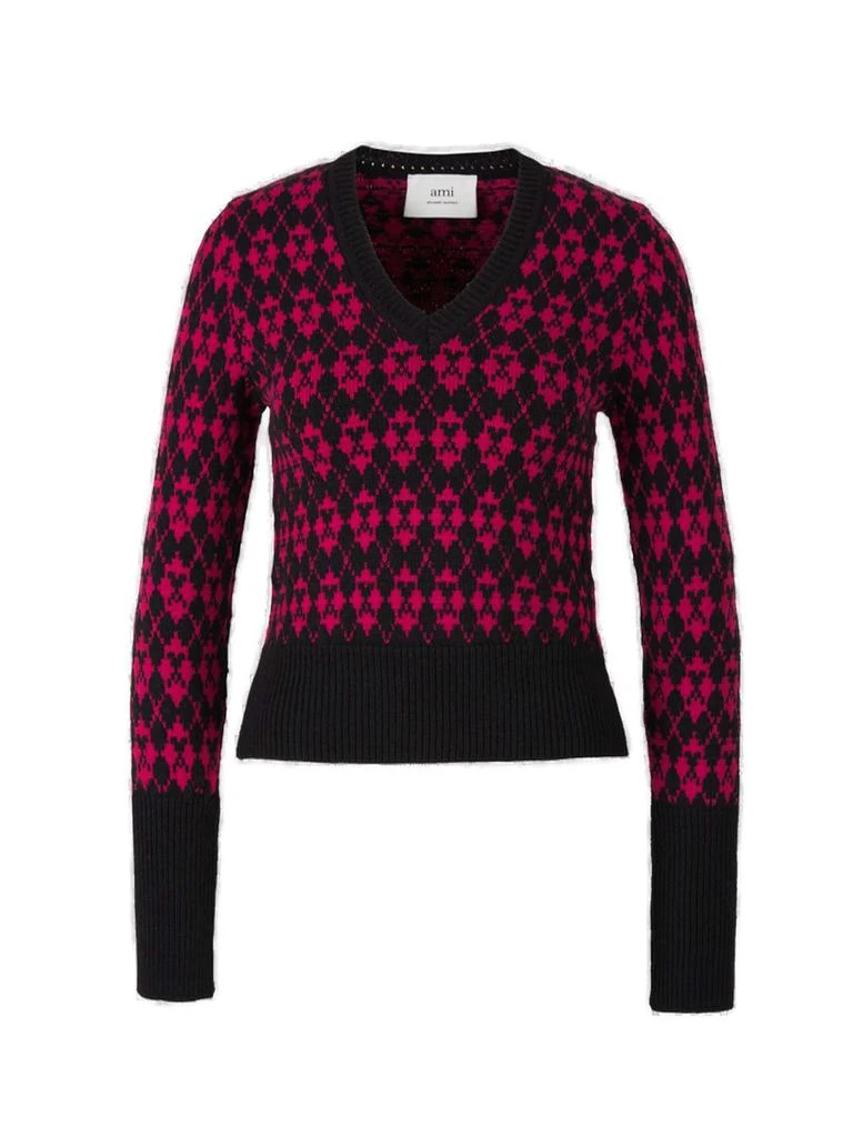 商品AMI|AMI De Coeur Argyle Knitted V-Neck Jumper,价格¥1897,第1张图片