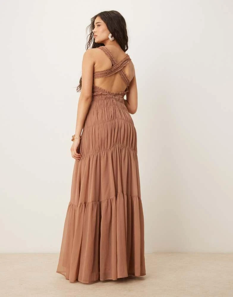 商品ASOS|ASOS DESIGN shirred tiered ruffle trim maxi dress in mauve,价格¥682,第4张图片详细描述