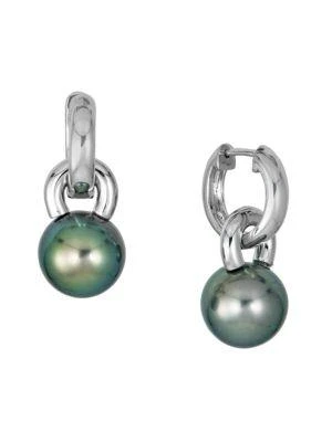 商品BELPEARL|14K White Gold & 10MM Cultured Tahitian Black Pearl Huggie Hoop Back Earrings,价格¥9411,第1张图片