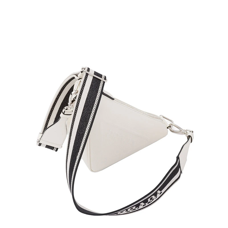 商品Prada|【预售3-7天】PRADA/普拉达 22春夏新款 男士白色皮革编织黑色白色肩带拉链可调徽标印花三角形斜挎单肩包2VH155_2FAD_F0009_V_OOO,价格¥15298,第4张图片详细描述
