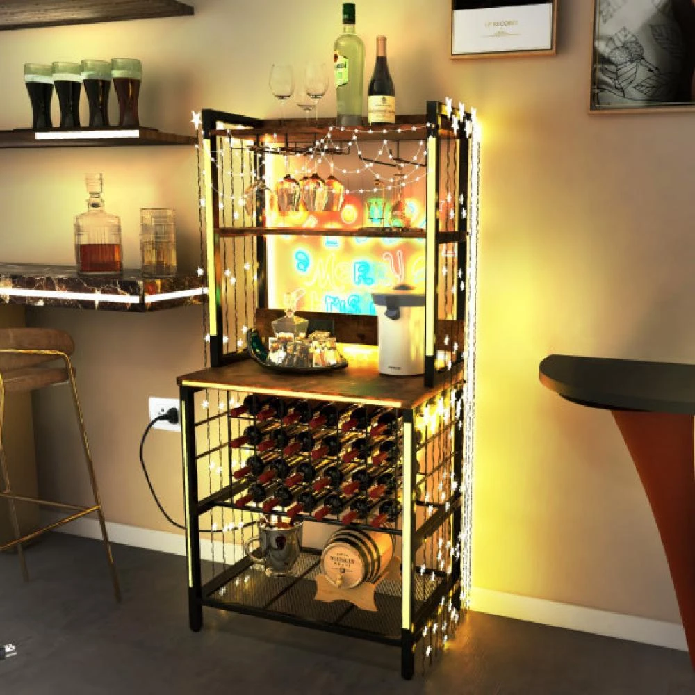 商品Hivvago|Wine Bar Cabinet Wine Rack with 4 Tier Storage Shelves and Glass Holders-Brown,价格¥1153,第2张图片详细描述