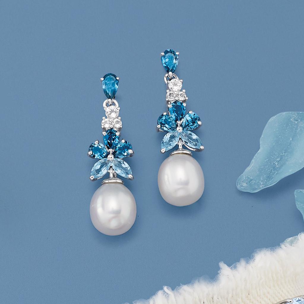 Ross-Simons 8.5-9mm Cultured Pearl and Blue and White Topaz Drop Earrings in Sterling Silver商品第4张图片规格展示