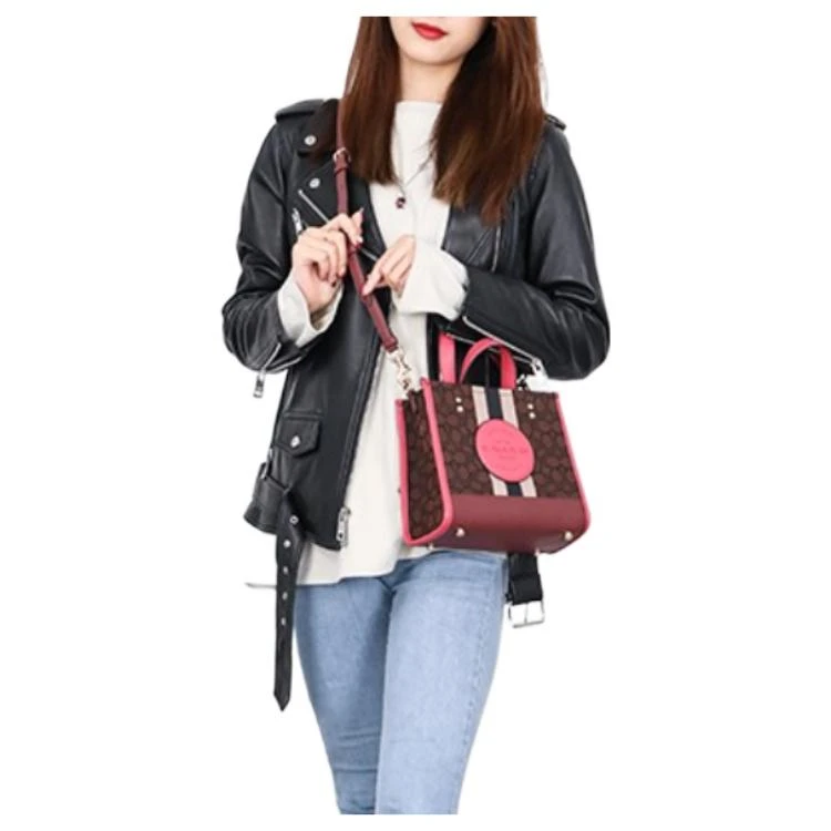 商品[国内直发] Coach|蔻驰 Dempsey 22 经典老花 帆布配皮 帆布包托特包Tote包购物袋斜挎手提包 �小号 女款 深棕拼红色,价格¥2085,第6张图片详细描述