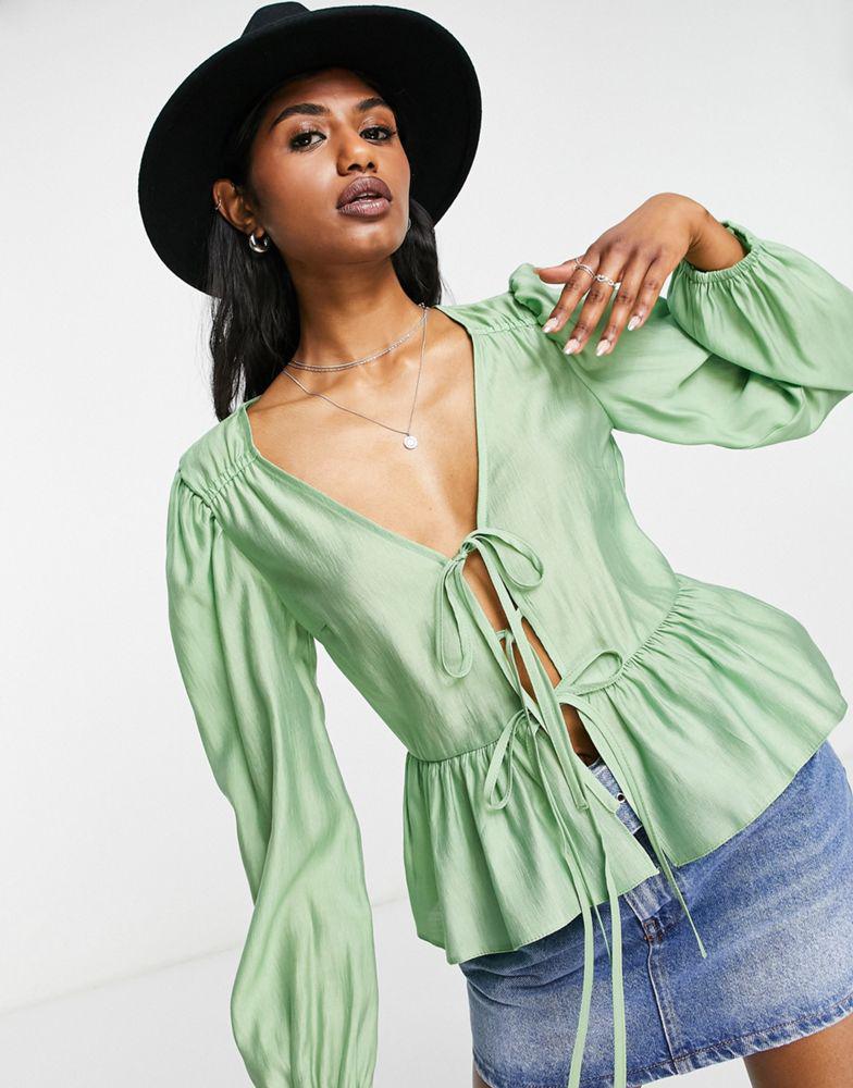Topshop tie front blouse top in green商品第1张图片规格展示