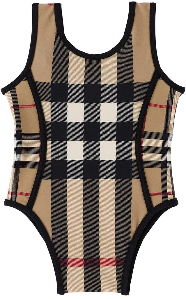 商品Burberry|驼色 Vintage Check 婴儿连体泳衣,价格¥1904,第1张图片
