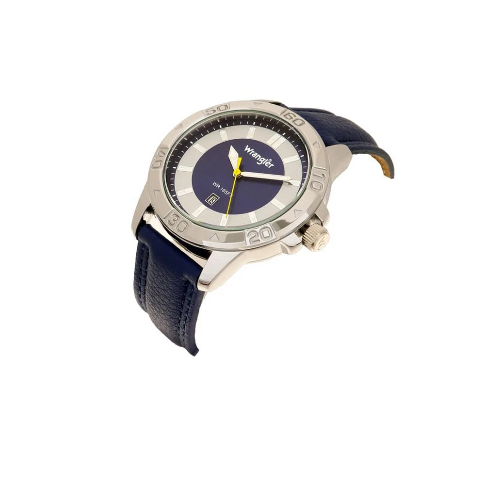 商品Wrangler|Men's Watch, 46MM Silver Colored Case with Embossed Arabic Numerals on Bezel, Blue Sunray Dial, Silver Index Markers, Analog, Blue Strap,价格¥415,第2张图片详细描述