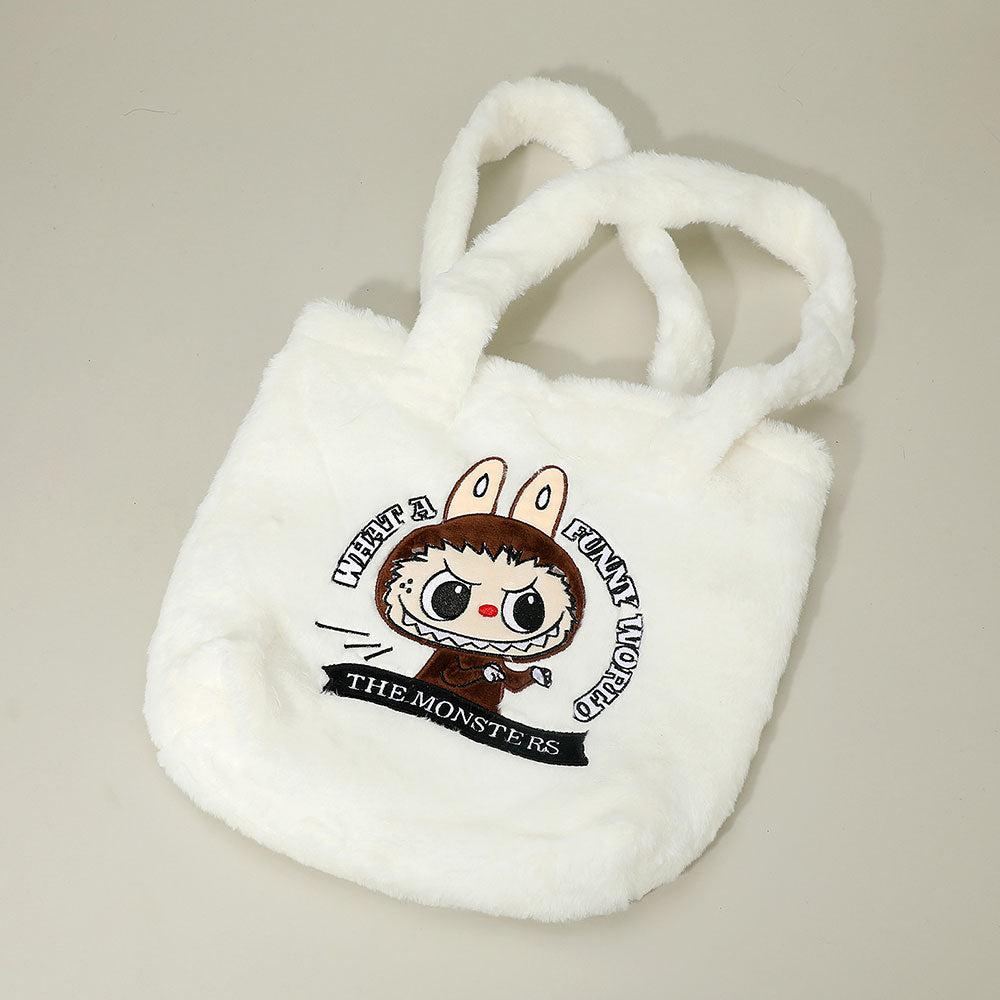 Monster Bunny Character Embroidered Faux Fur Plush Tote Bag image 2