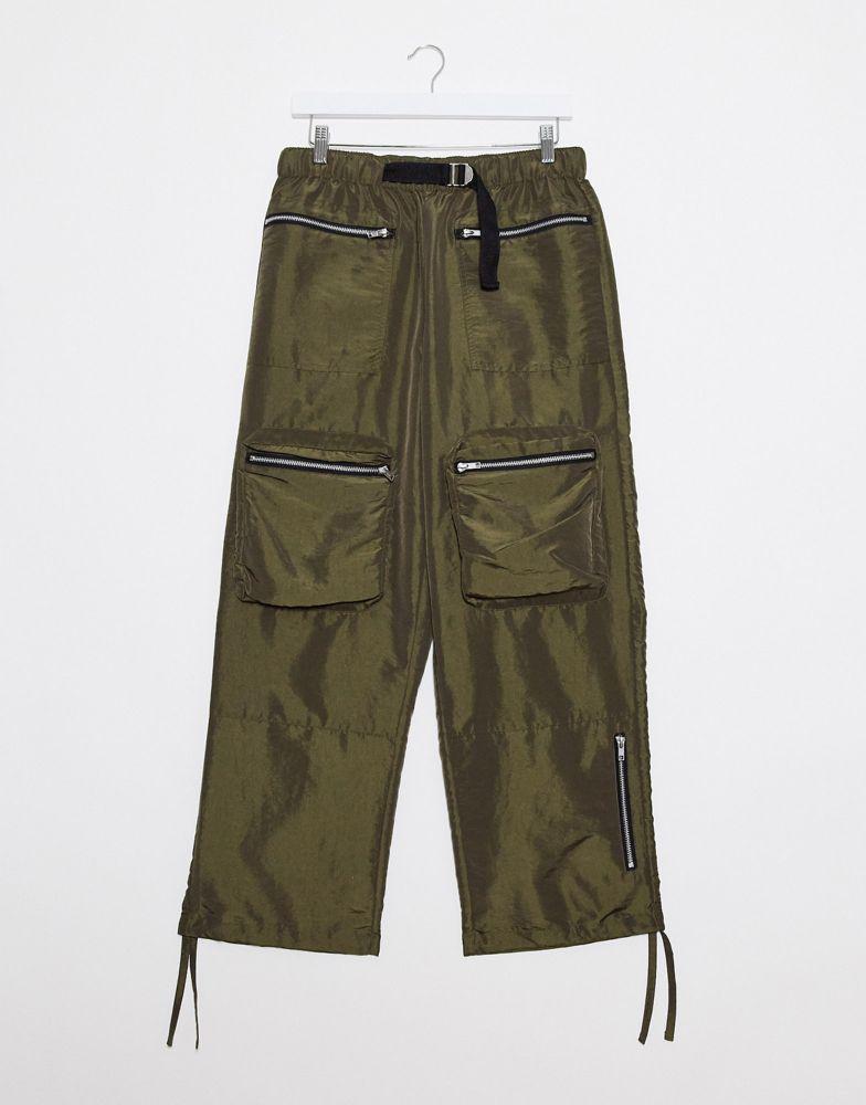ASOS DESIGN wide leg trousers in khaki nylon with webbed belt商品第1张图片规格展示
