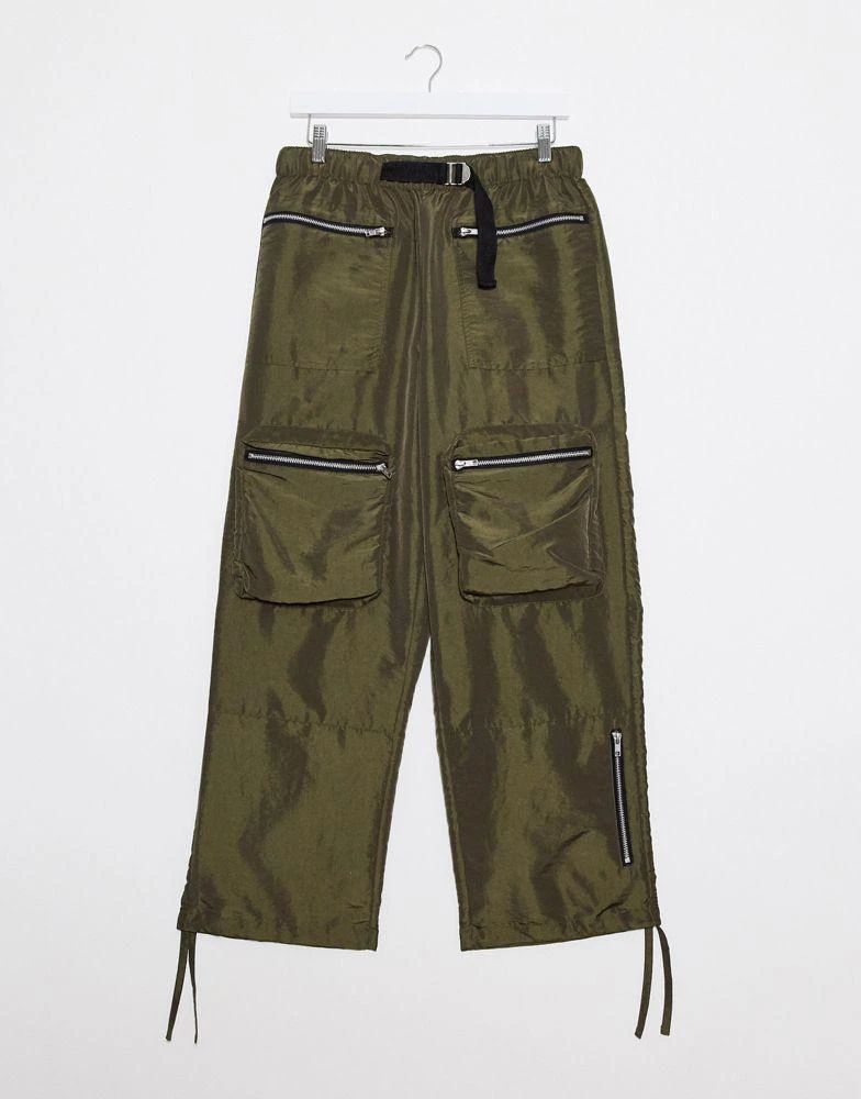 商品ASOS|ASOS DESIGN wide leg trousers in khaki nylon with webbed belt,价格¥139,第1张图片