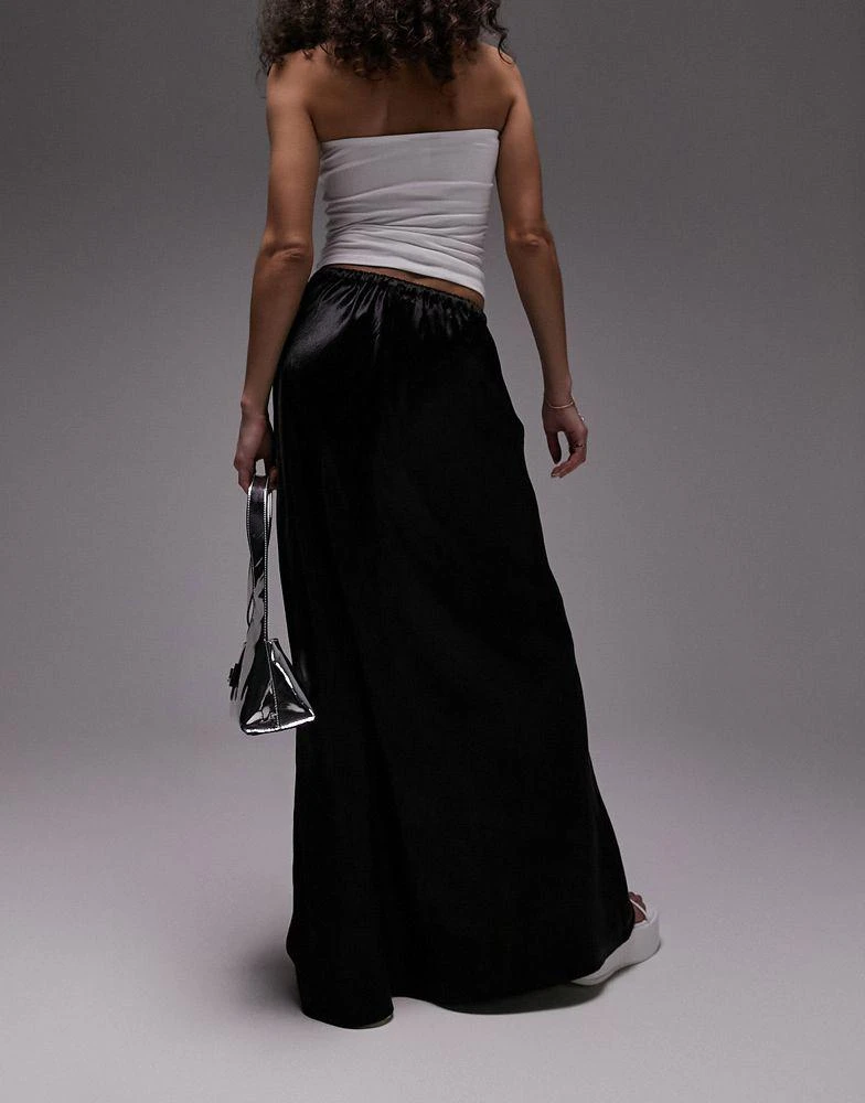 商品Topshop|Topshop drawstring liquid look satin bias maxi skirt in black,价格¥384,第3张图片详细描述