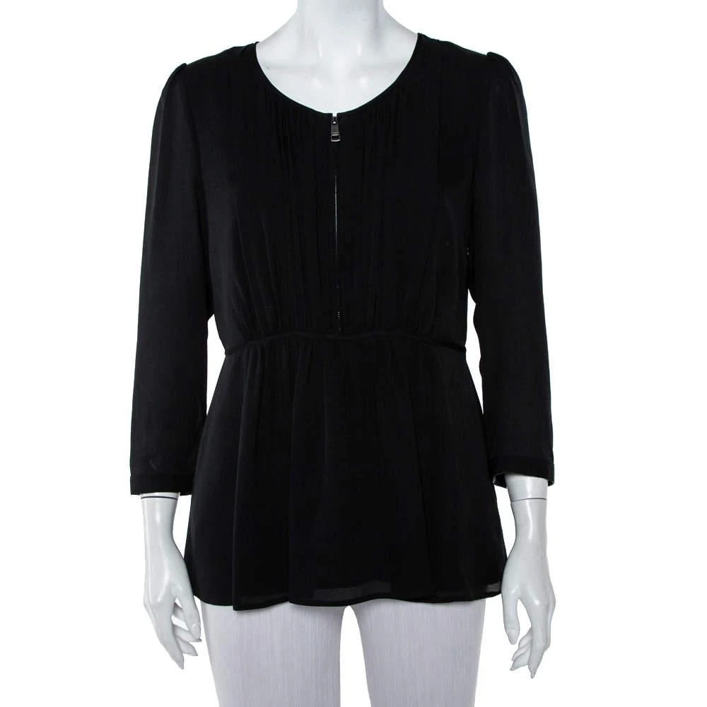 商品[二手商品] Burberry|Burberry Black Silk Gathered Detail Zip Front Top M,价格¥1045,第1张图片