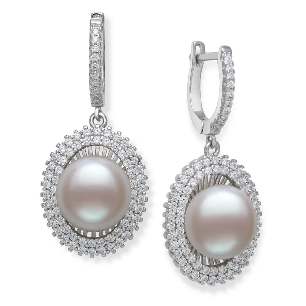 商品Macy's|Cultured Freshwater Pearl (10-11 mm) and Cubic Zirconia Encrusted Drop Earrings in Sterling Silver,价格¥1502,第1张图片