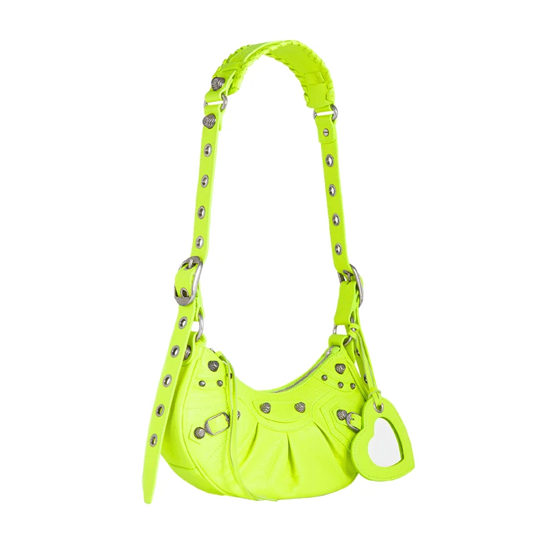 Balenciaga/巴黎世家 LE CAGOLE系列 女士超小号荧光绿色牛皮革鳄鱼压纹爱心镜子做旧银扣肩背手提腋下包 6713091VGUY7206 商品