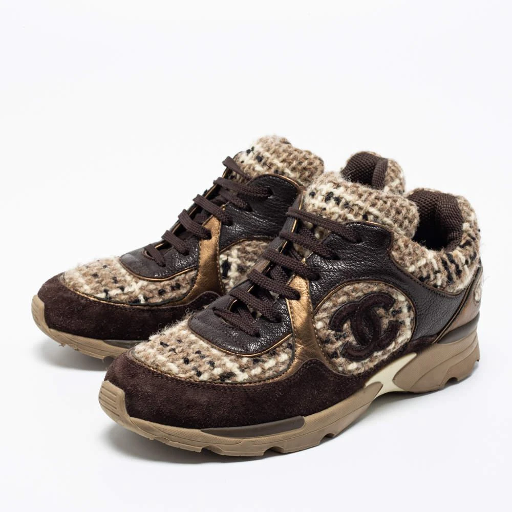 商品[二手商品] Chanel|Chanel Brown Tweed And Leather CC Low Top Sneakers Size 38,价格¥4006,第2张图片详细描述