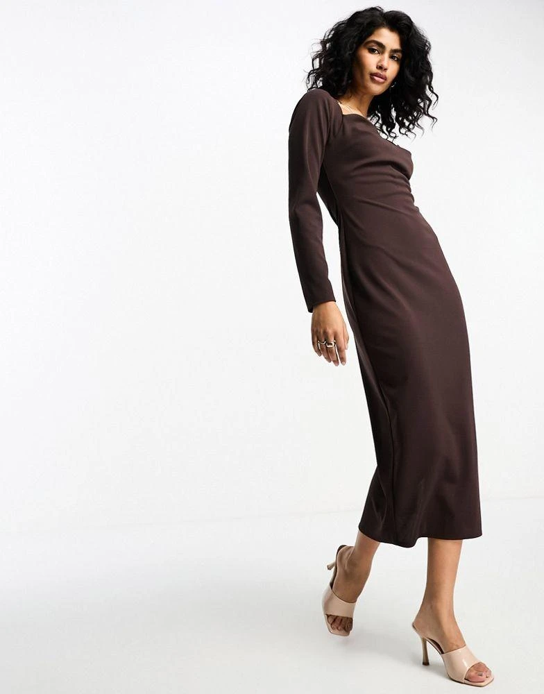 商品ASOS|ASOS DESIGN long sleeve midi dress with cup detail in chocolate,价格¥161,第4张图片详细描述