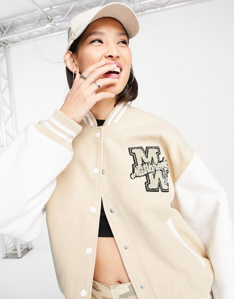 Topshop varsity bomber jacket in stone商品第3张图片规格展示