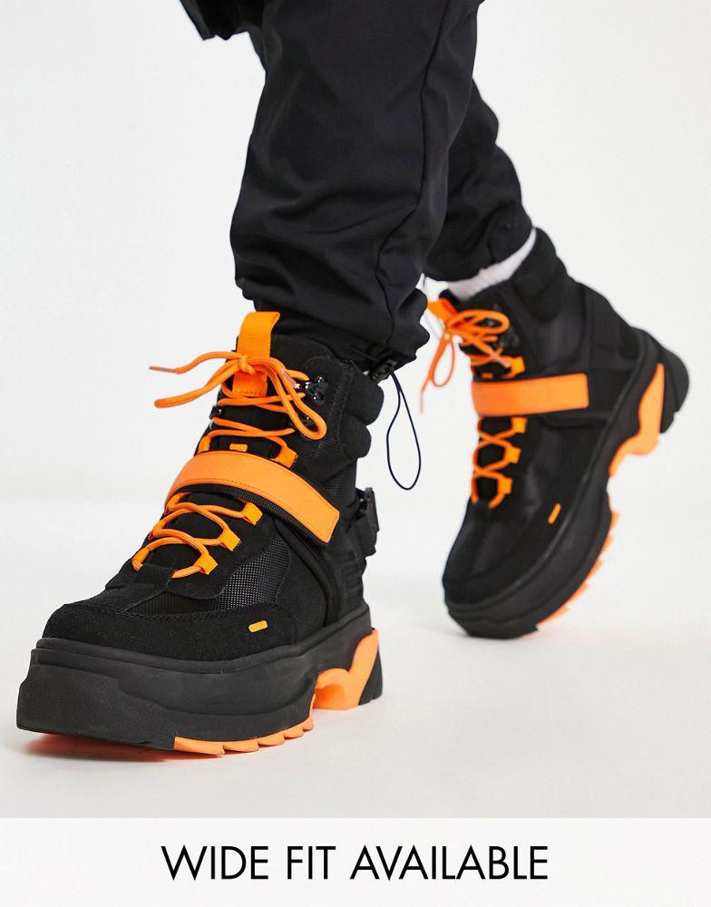 ASOS DESIGN chunky lace up boot in black with orange details商品第1张图片规格展示