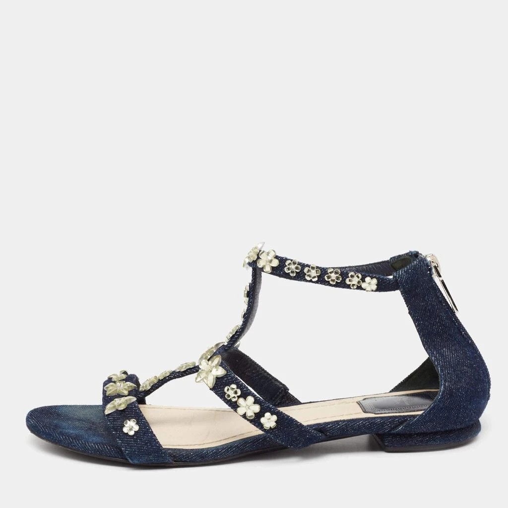 商品[二手商品] Dior|Dior Blue Denim Jewel Embellished Strappy Flat Sandals Size 38.5,价格¥1365,第1张图片