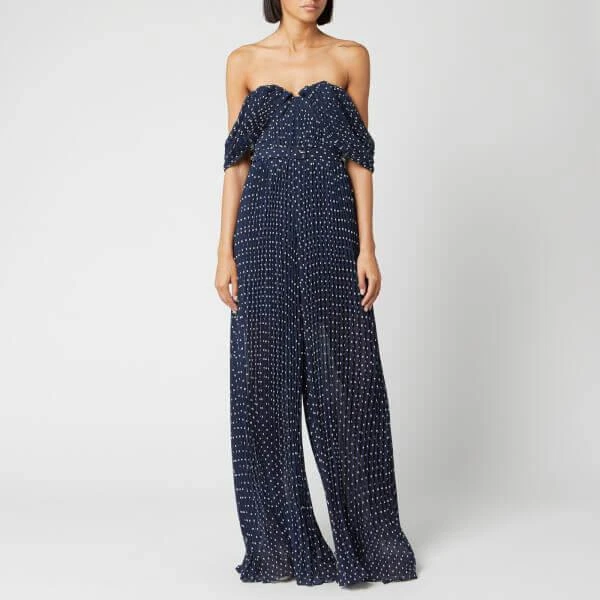 商品Self Portrait|Self-Portrait Women's Off The Shoulder Plumetis Jumpsuit - Navy,价格¥1146,第1张图片