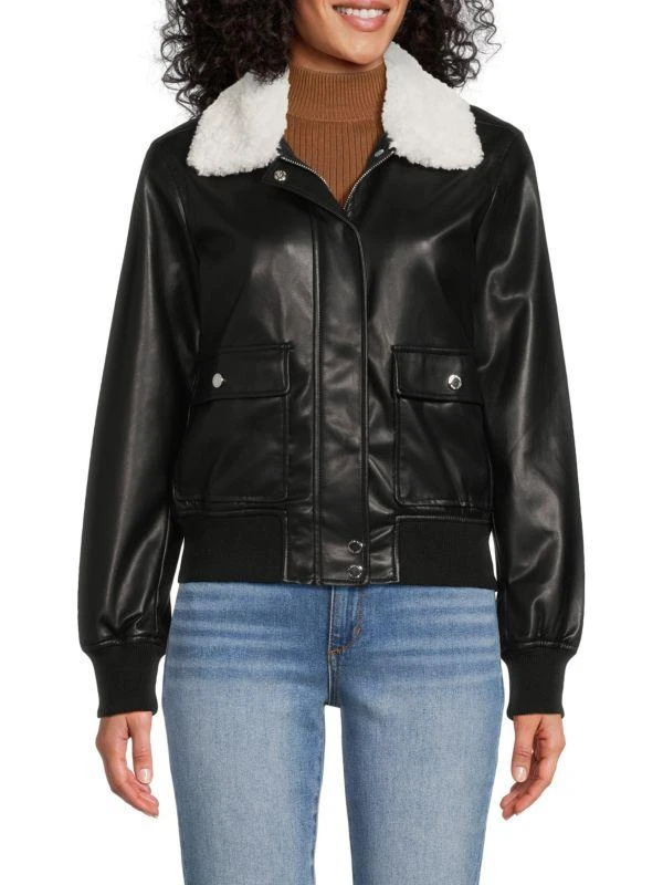 商品Calvin Klein|Faux Fur Trim & Faux Leather Jacket,价格¥321,第1张图片