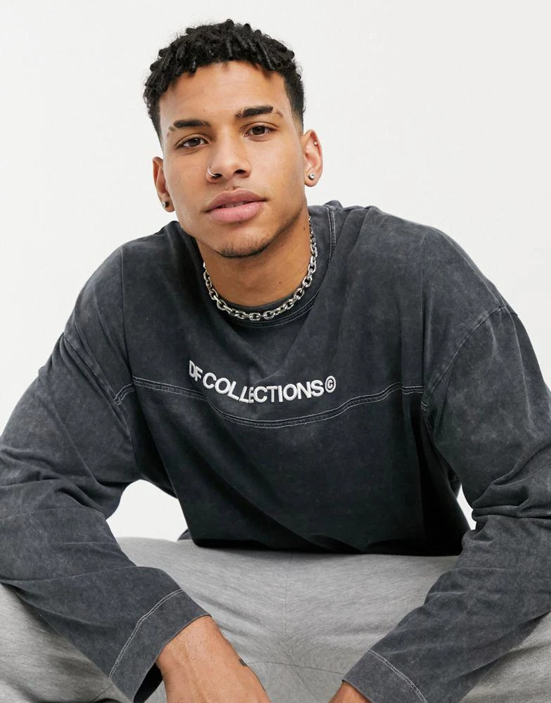 商品ASOS|ASOS Dark Future oversized heavyweight long sleeve t-shirt with contrast stitching and logo embroidery in washed black,价格¥97,第1张图片