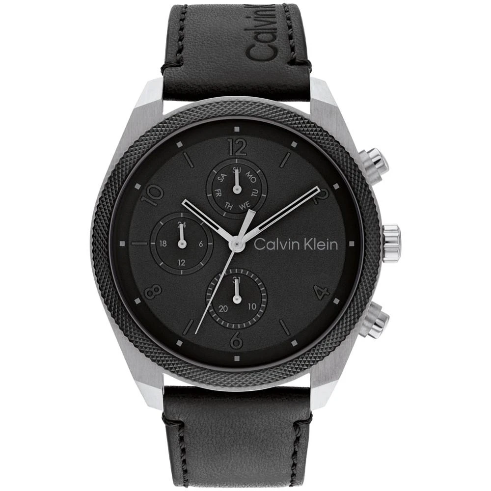 商品Calvin Klein|Men's Multifunction Black Leather Strap Watch 44mm,价格¥1205,第1张图片