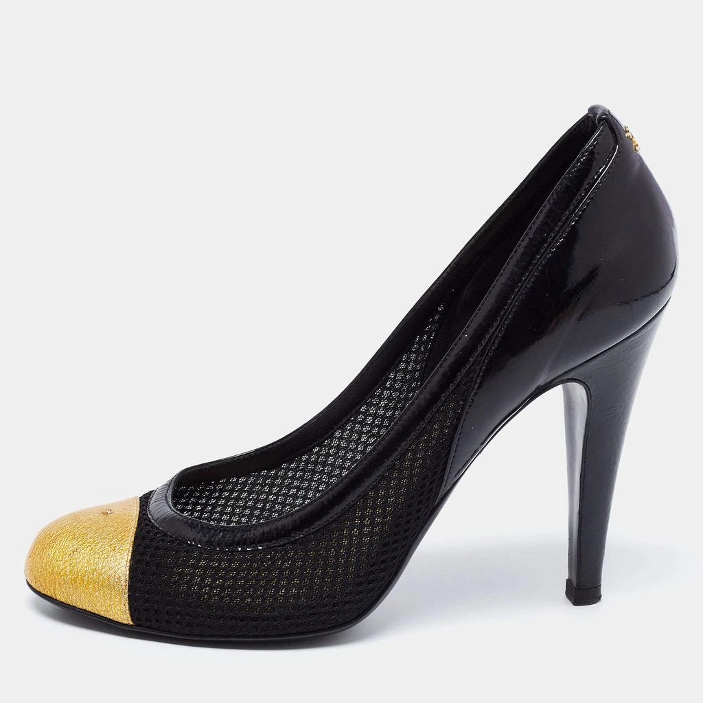 商品[二手商品] Chanel|Chanel Black/Yellow Mesh, Patent and Textured Leather Cap-Toe Pumps Size 39,价格¥1001,第1张图片